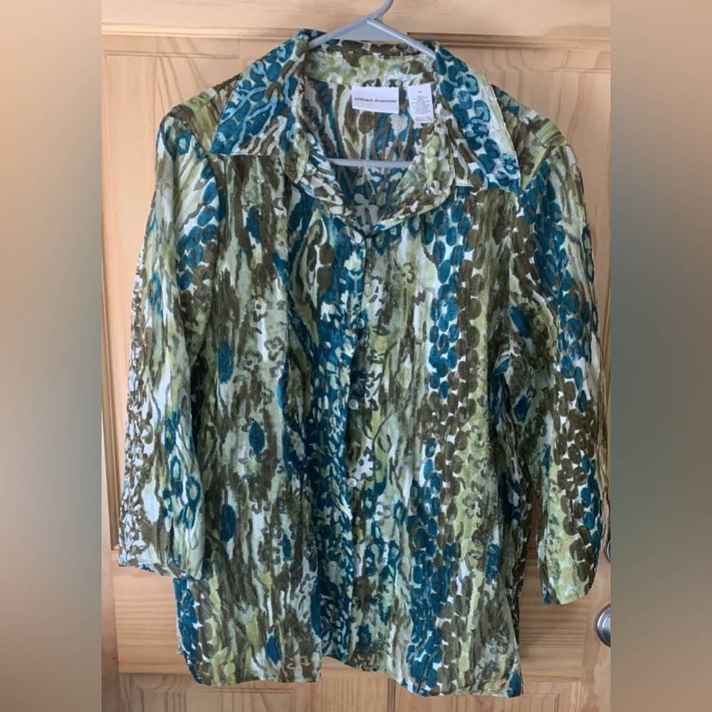 Alfred Dunner Textured Top Semi Sheer Size 12 Green Teal Button-Up Blouse